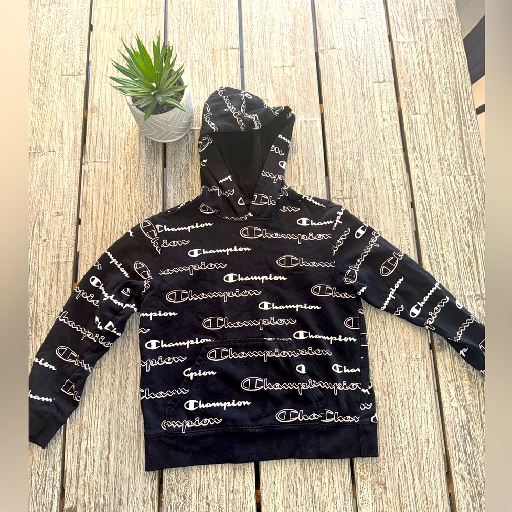 Boys Champion Black Hoodie with Logo Print, Size Medium